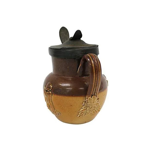 Antique Doulton Lambeth Cherub Mustard Pot Doulton Lambeth pewter lidded mustard pot and spoon with raised cherub...