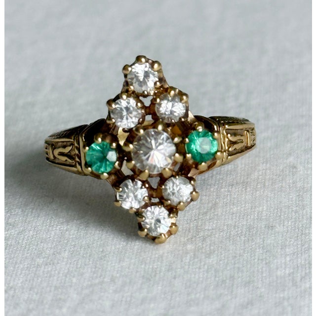 Metal Vintage Victorian Revival 925 Sterling Silver Gold Vermeil Green Gemstone Marquise Cluster Ring, Size 7.5 For Sale - Image 7 of 8