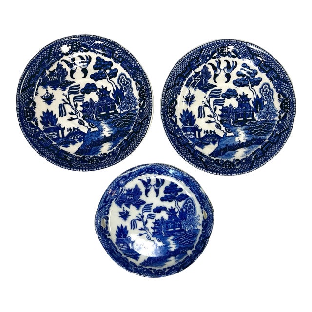 Collection of Early 1900's Chinoiserie Decorated Willow Transferware Small Plates- Set of 3 For Sale