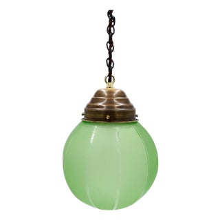 1930s Art Deco Pendant Light in Rare Green Opal Glass and Brass. For Sale