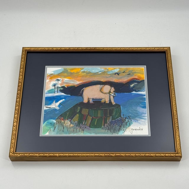Navy Blue Signed Barbara Grandis Original Watercolor & Ink Elephant Painting Framed For Sale - Image 8 of 12