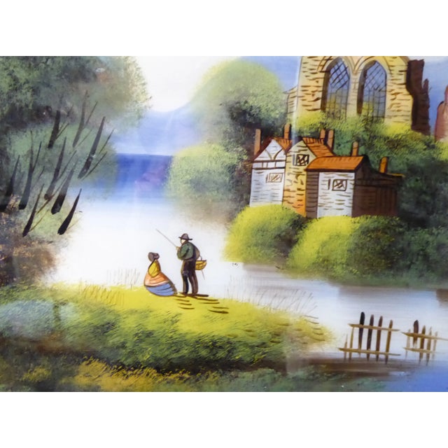 Continental reverse painting on glass of country scene, image size without frame, 15.5"H x 23.5"W, in a maple frame of the...