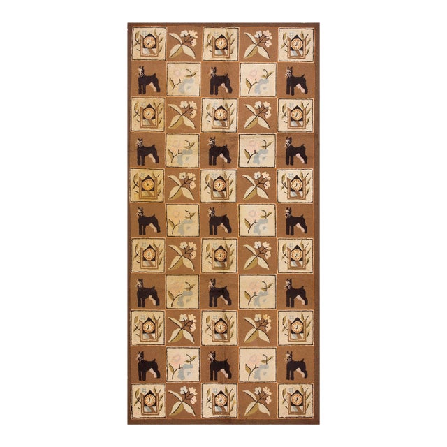 1970s Brown Vintage Animal Design Folk Art American Hooked Carpet Wool Rug For Sale