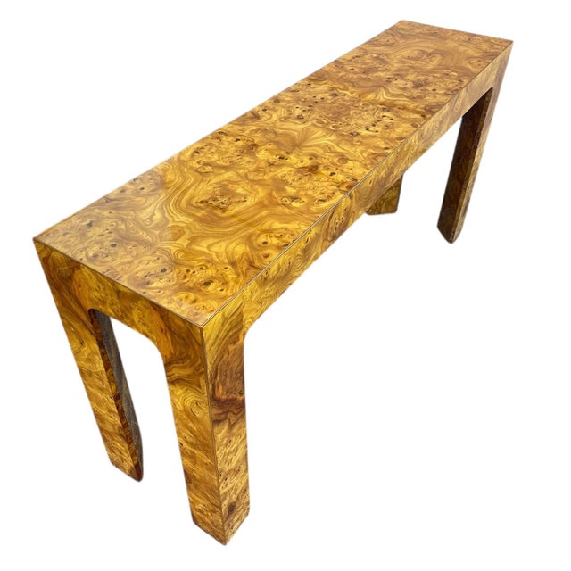 70s/80s Burl Wood Console Table With U-Leg Base, in the Style of Milo Baughman, Vintage, Postmodern, Mid Century Modern MCM For Sale - Image 4 of 12