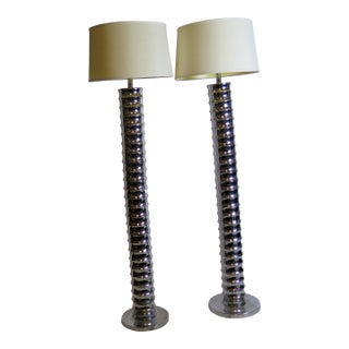 1990s Mid-Century Modern Style After Toni Zuccheri Multi-Tiered Cylindrical Mercury Glass Murano Style Floor Lamps - a Pair For Sale