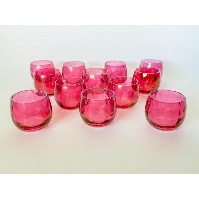 Pink Mid Century Optic Pink Cranberry Roly Poly Glasses, Set of 12 For Sale - Image 8 of 16