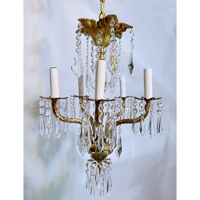 Vintage Brass Chandelier With Crystal Prisms For Sale - Image 4 of 12