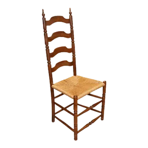 Brown Arts and Crafts Ladder Back Wooden Dining Chair With Natural Woven Seat