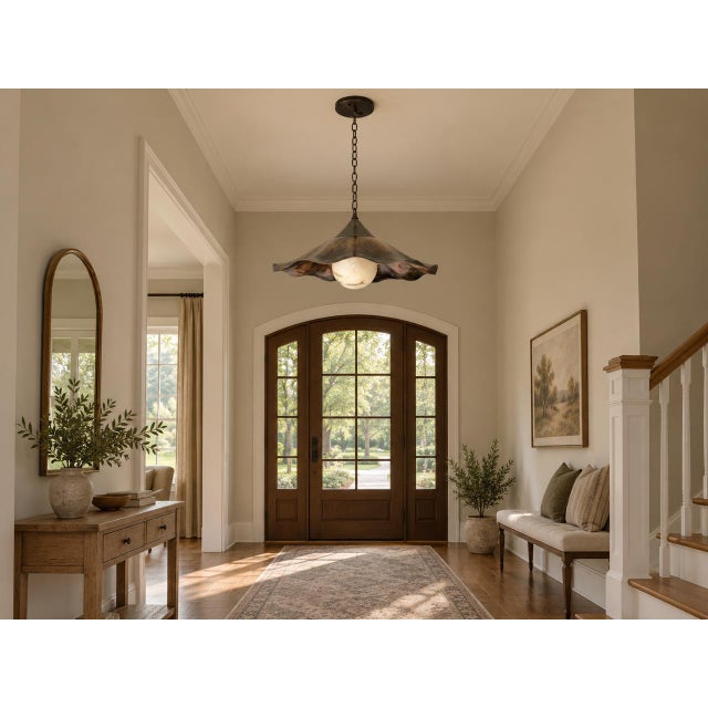Ruffle Brass Pendant Light, Wavy Kitchen Island Lamp With Alabaster Globe For Sale - Image 14 of 15