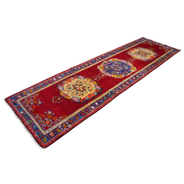 1950s 1950s Hand-Knotted Turkish Runner Rug Bold Colors Tribal Hallway Decor Lady Bug Pattern Unused - 3'4" X 13' For Sale - Image 5 of 17