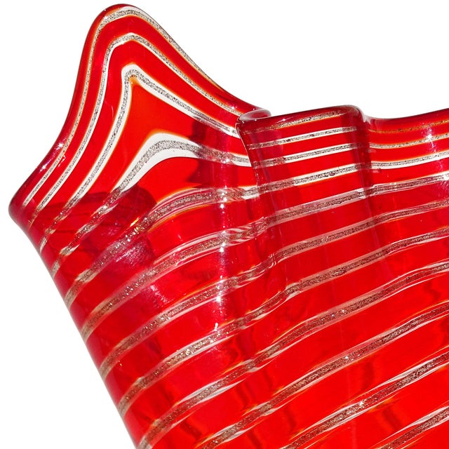 Murano Murano Bright Red Aventurine Ribbons Italian Art Glass Vintage Sculptural Fazzoletto Mini Flower Vase For Sale - Image 4 of 8