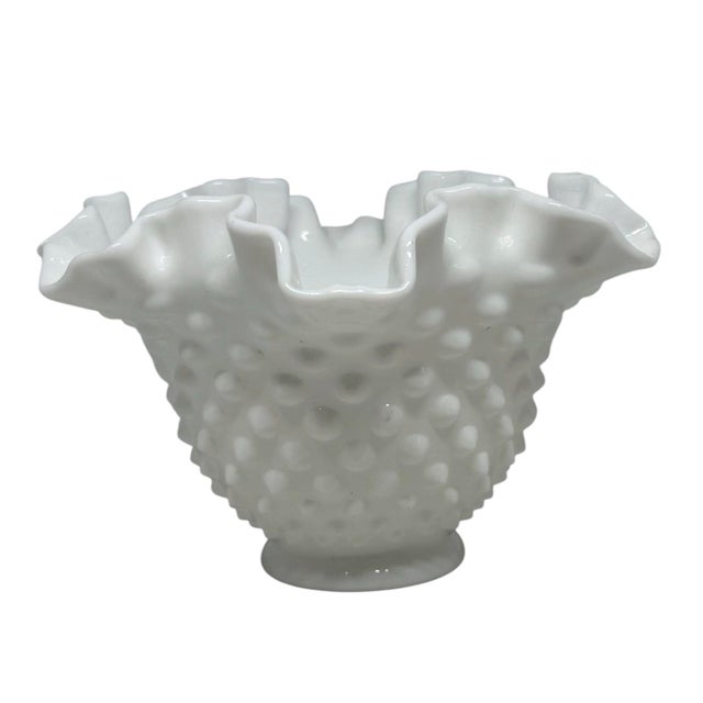 White Ruffled Rim Hobnail White Milk Glass Bowl Vase — Vintage 6.5" Wide For Sale - Image 8 of 12