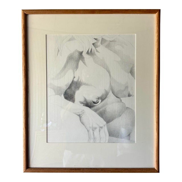 Vintage Coastal Nude Female Graphite Portrait Drawing Signed For Sale