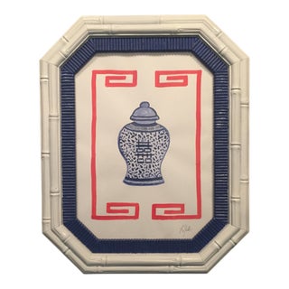 Original Palm Beach Regency Faux Bamboo Blue & White Ginger Jar Greek Key Painting For Sale