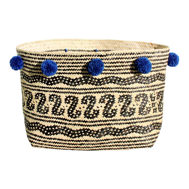 Borneo Tribal Straw Basket with Royal Blue Pompoms Chairish