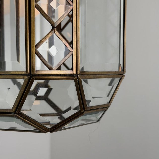Art Deco Italian Revival Brass and Beveled Glass Lantern, 1970s For Sale - Image 9 of 18