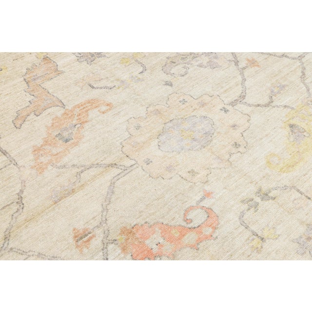 Ivory Modern Oushak Style Hand-Knotted Wool Rug - Pastel Floral Transitional Area Rug For Sale - Image 8 of 11