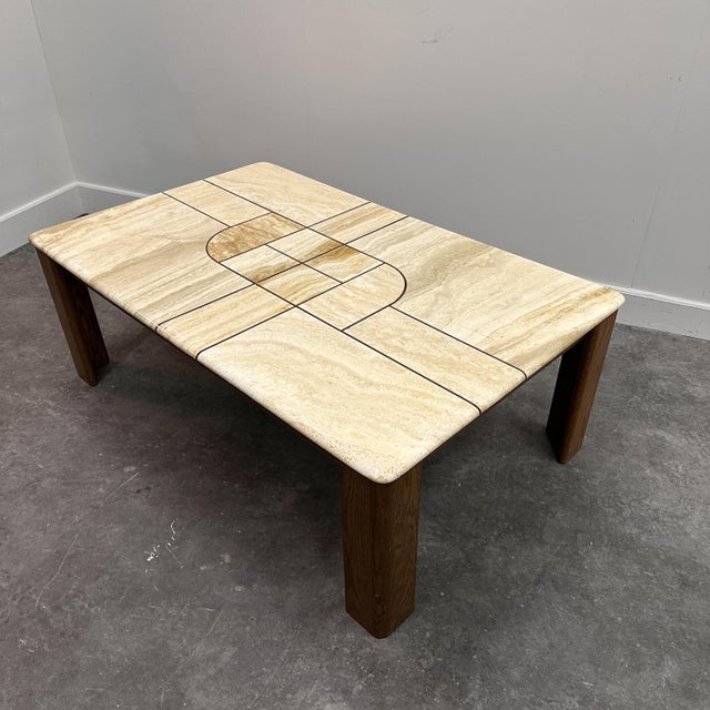 Brutalist Travertine Coffee Table with Sculptural Top and Oak Base, 1970s For Sale - Image 3 of 15