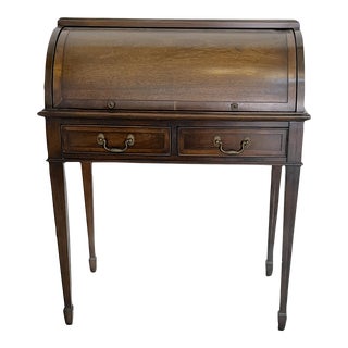 Mid 20th Century Vintage Cylinder Roll Top Mahogany Desk With Leather Desktop For Sale