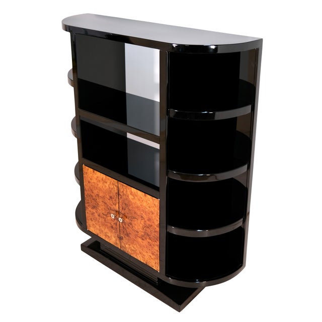 Shelving Unit in High-Gloss Black Lacquer and Door Fronts in Walnut Burl Wood, 1950s, in Restored conditions. Designed...