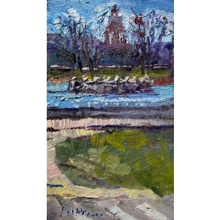 Ferril Lake City Park by Delton Demarest | Oil on panel Landscape with water and trees. For Sale