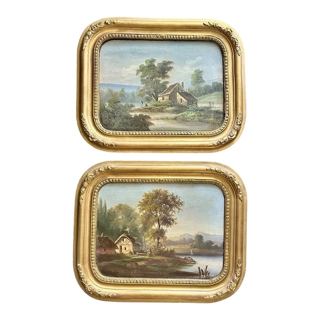 Pair of 19th-Century French Landscape Oil Paintings For Sale