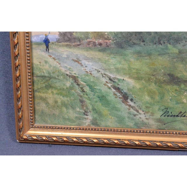 1900 - 1909 Antique French Signed Watercolor Landscape With Country Path, Gilt Frame, Circa 1900 For Sale - Image 5 of 12