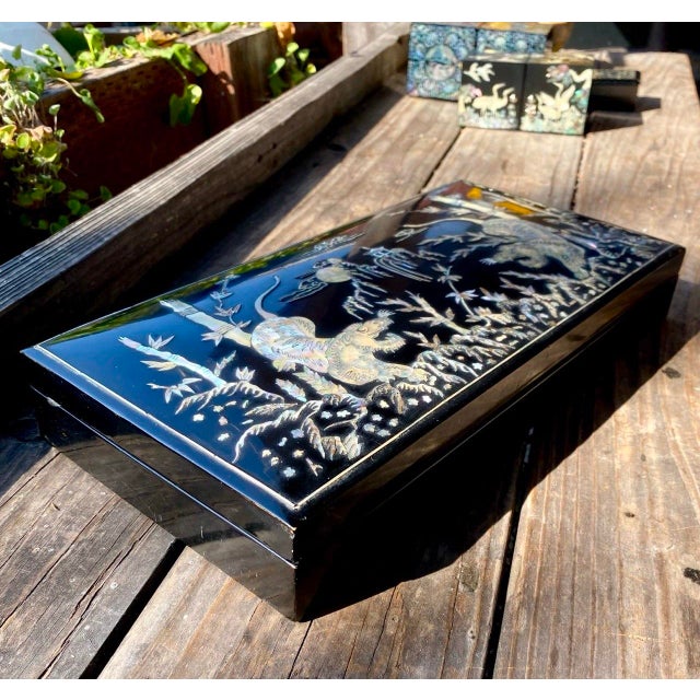 Tiger Smoking Box & Ashtray Set Circa 1950 Korean Black Lacquer Mother-of-Pearl For Sale - Image 15 of 18