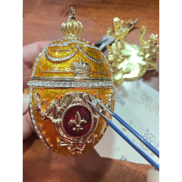 Art Nouveau Pierre Lorren Handmade Faberge Egg Style Trinket Fabergé Egg Style Austrian Crystal Diamond Pure Gold Deco Hand Painted 5 Star Egg & Handmade Bracelet For Sale - Image 3 of 9