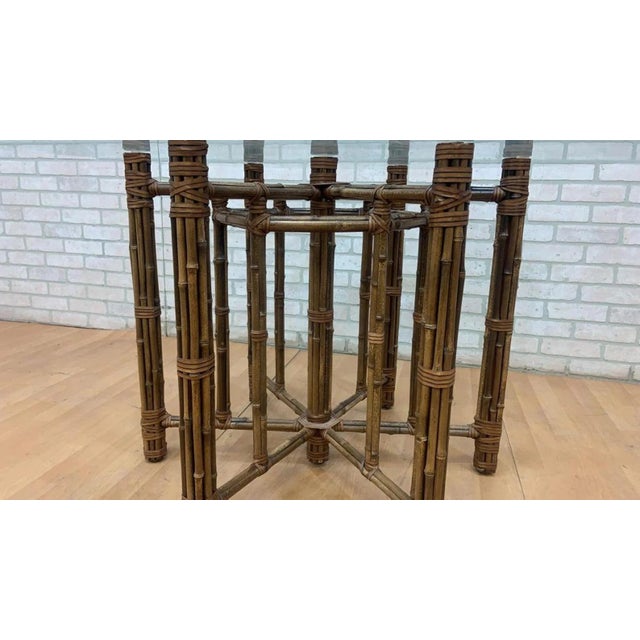 Mid-Century Modern Vintage Bamboo and Leather With Glass Top Hexagonal Dining Table Styled After McGuire For Sale - Image 3 of 8