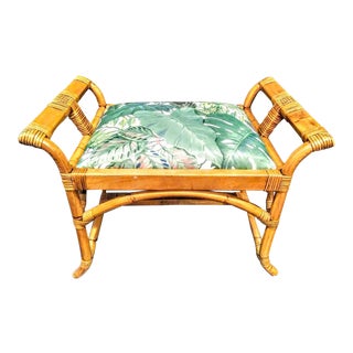 Bamboo and Rattan Vintage Ottoman Bench With Palm Leaf Fabric For Sale