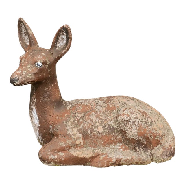 1950s French Vintage Seated Deer Painted Sculpture Cast in Reconstituted Stone For Sale