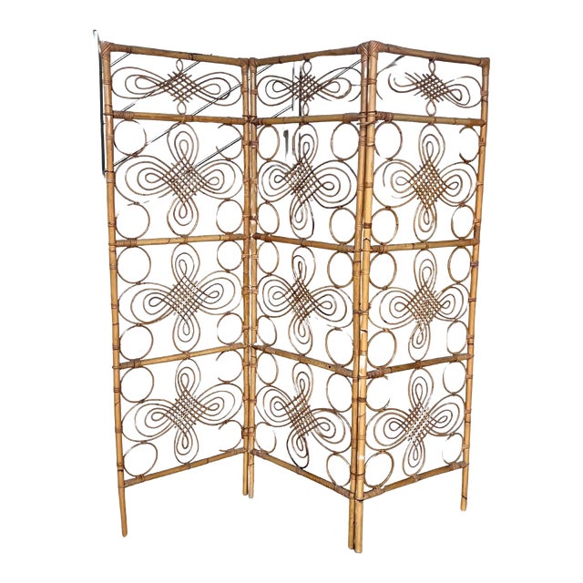 Three-Panel Bamboo Wicker Rattan Folding Screen Room Divider, France 1960s For Sale