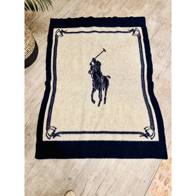 Ralph Lauren Polo Equestrian Motif Wool Blanket – Navy & Cream For Sale In West Palm - Image 6 of 9