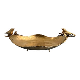 Vintage Large Brass Footed Centerpiece Bowl With Bird Handles For Sale