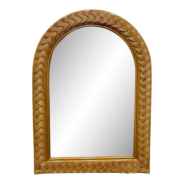Vintage Coastal Wide Woven Braided Wicker Arched Wall Mirror For Sale