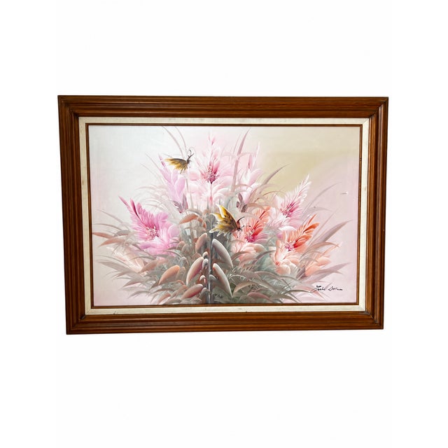 Vintage Signed Pastel Floral & Butterfly Oil Painting in Wood Frame For Sale - Image 13 of 13