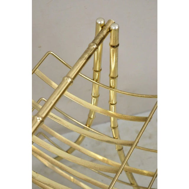 Late 20th Century Vintage Gold Metal Faux Bamboo 3 Tier Hollywood Regency Magazine Rack Stand For Sale In Philadelphia - Image 6 of 11
