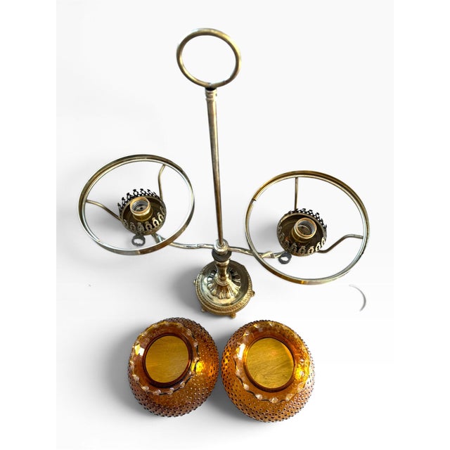 Metal Large Vintage Deena Products Co. #267 Brass Twin-Arm Hurricane Lamp With Amber Hobnail Glass For Sale - Image 7 of 8
