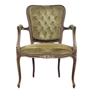 Vintage French Louis XV Style Green Upholstered Fauteuil Armchair