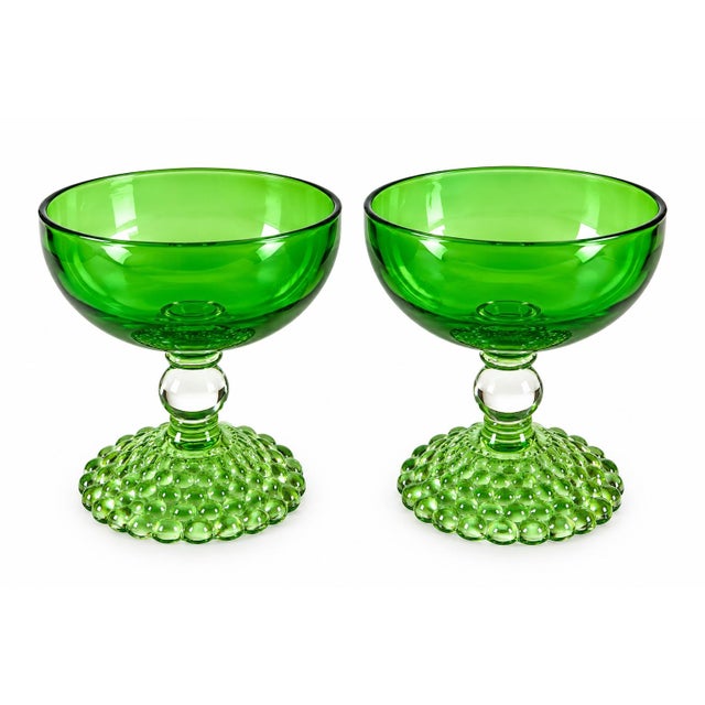 A fabulous set of four vintage Anchor Hocking Burple/Inspiration champagne and sherbet glasses, featuring brilliant...