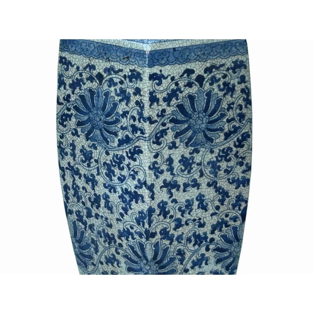 Vintage Chinese Off White Blue Flower Graphic Hexagonal Porcelain Vase For Sale - Image 9 of 10