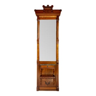 1880s Eastlake Aesthetic Movement Walnut Hall Mirror With Marble Shelf & Drawer For Sale