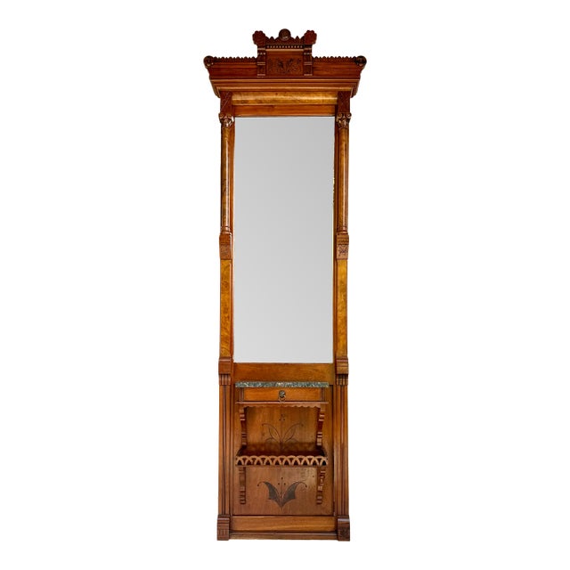 1880s Eastlake Aesthetic Movement Walnut Hall Mirror With Marble Shelf & Drawer For Sale
