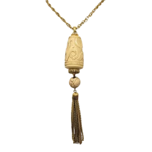 Vintage Signed Crown Trifari Carved Tassel Pendant Necklace