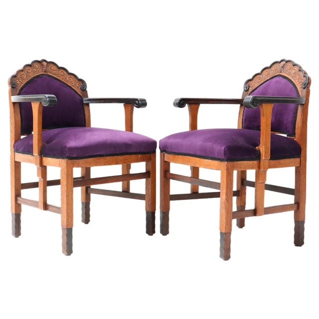 Set of Art Deco Amsterdamse School Armchairs in Oak, 1920s For Sale