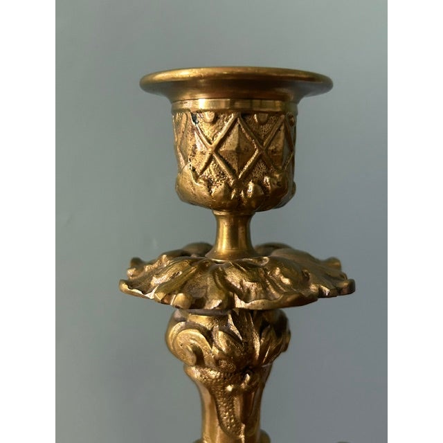 Antique French Rococo Style Solid Brass 3-Light Candelabras - A Pair For Sale - Image 4 of 14