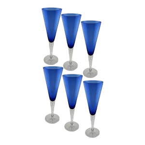 Block Crystal Cobalt Blue Champagne Flutes Glasses Stockholm Pattern - Set of 6