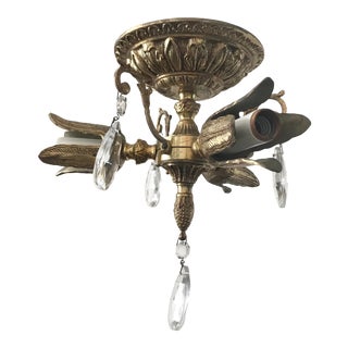 Antique Mid 19th Century Victorian Solid Brass 3-Light Flush Mount Light Fixture With Crystal Droplets For Sale