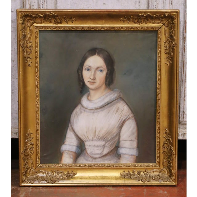 Mid 19th Century Mid-19th Century French Pastel Portrait of Young Woman in Giltwood Frame For Sale - Image 5 of 8